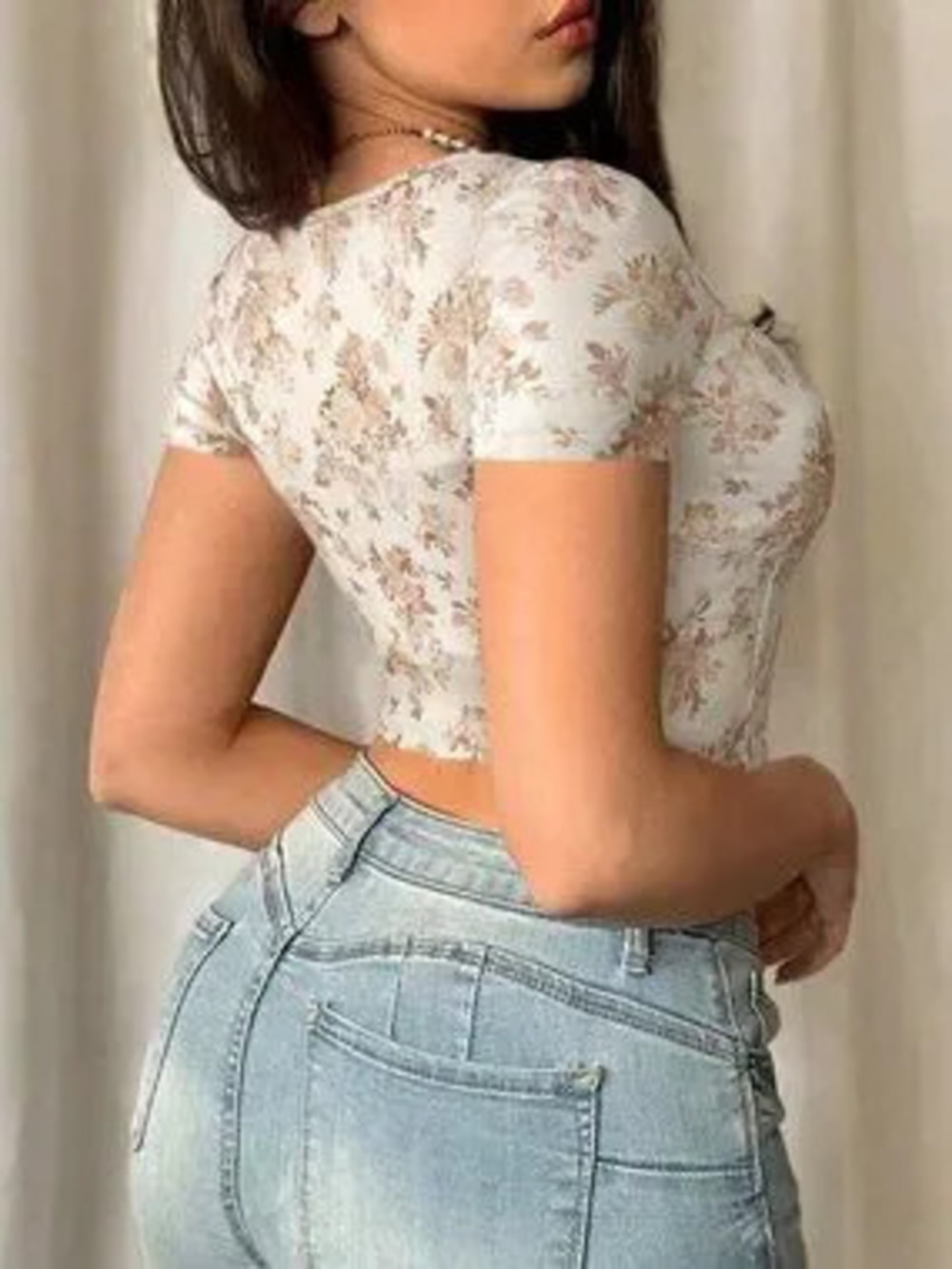 ZARA Multicolor Casual Women's Floral Print Short Sleeve Cropped T-Shirt